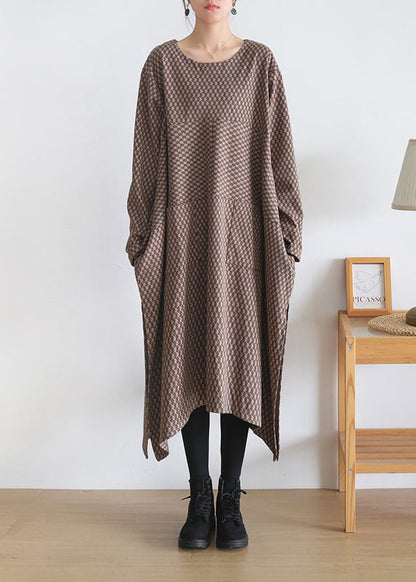 Loose Coffee Colour O-Neck Print Side Open Knit Cotton Maxi Dress Long Sleeve