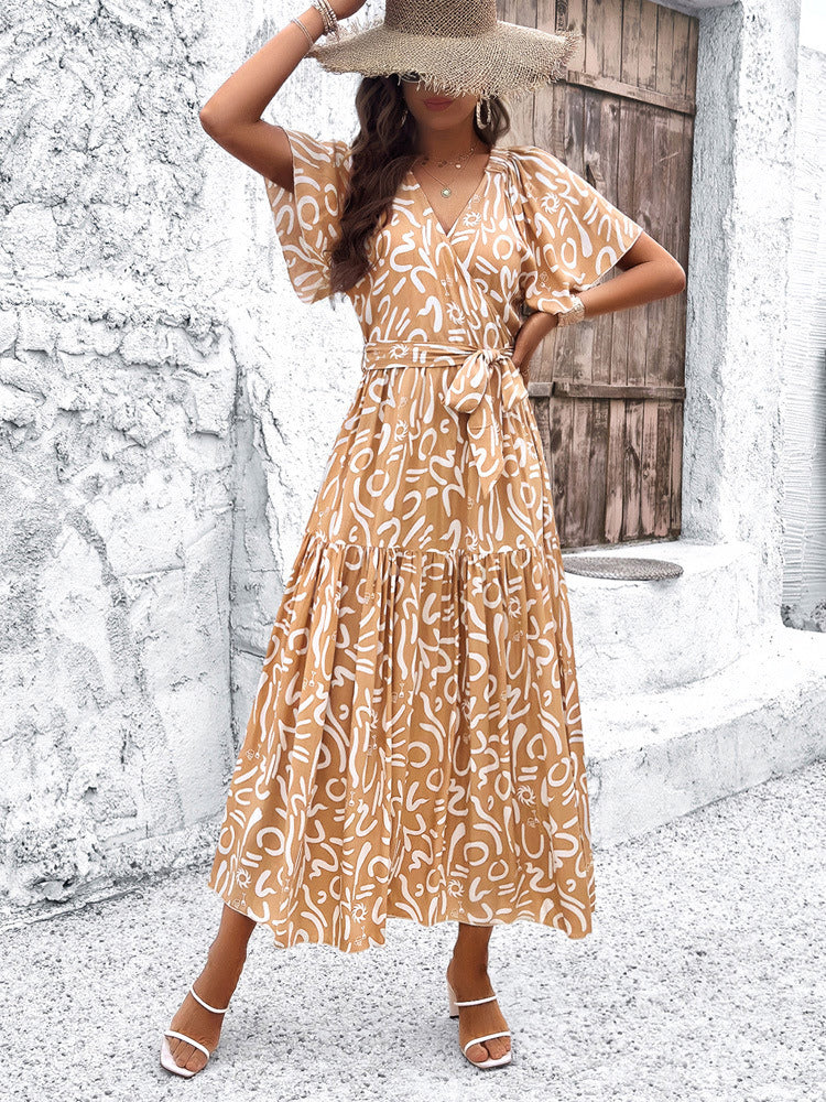 Wrap Dress Tiered Printed Belted V-Neck Short Sleeves Summer Midi Dresses