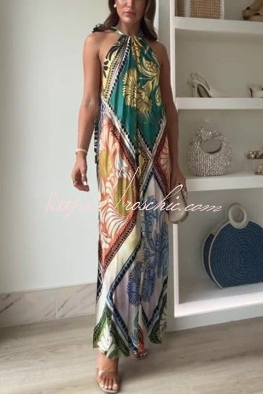Unique Printed Halterneck Sleeveless Loose Lace-up Midi Dress