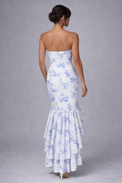 Floral Elegance - Strapless Ruffled Maxi Dress