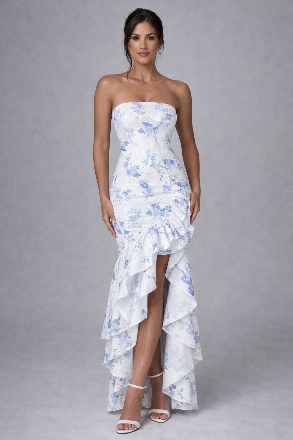 Floral Elegance - Strapless Ruffled Maxi Dress