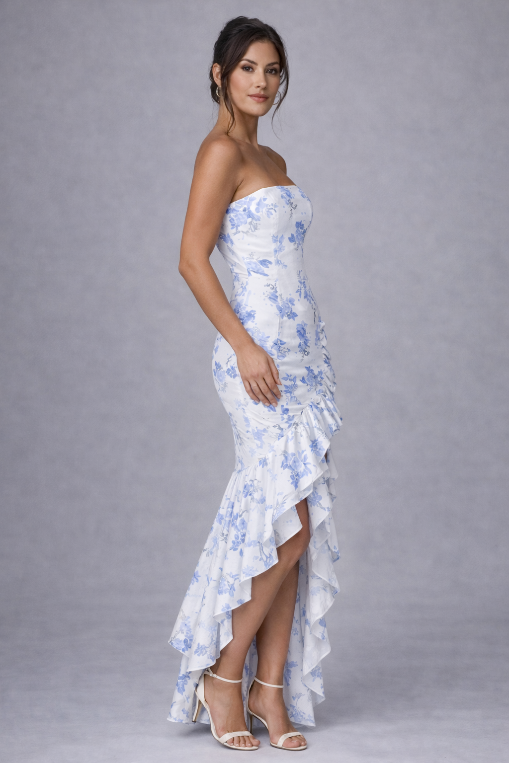 Floral Elegance - Strapless Ruffled Maxi Dress