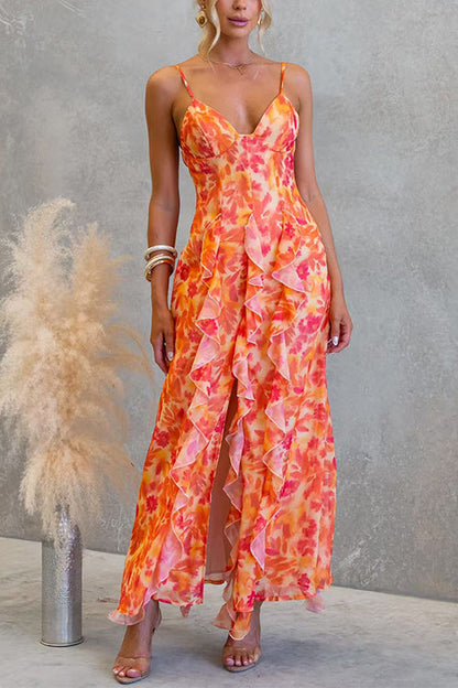 Backless Cut Out Floral Print Ruffle Slit Maxi Cami Dress