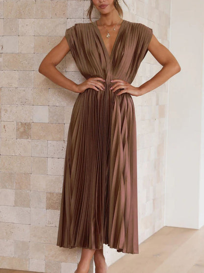 Solid Color V-neck Sleeveless Midi Dresses