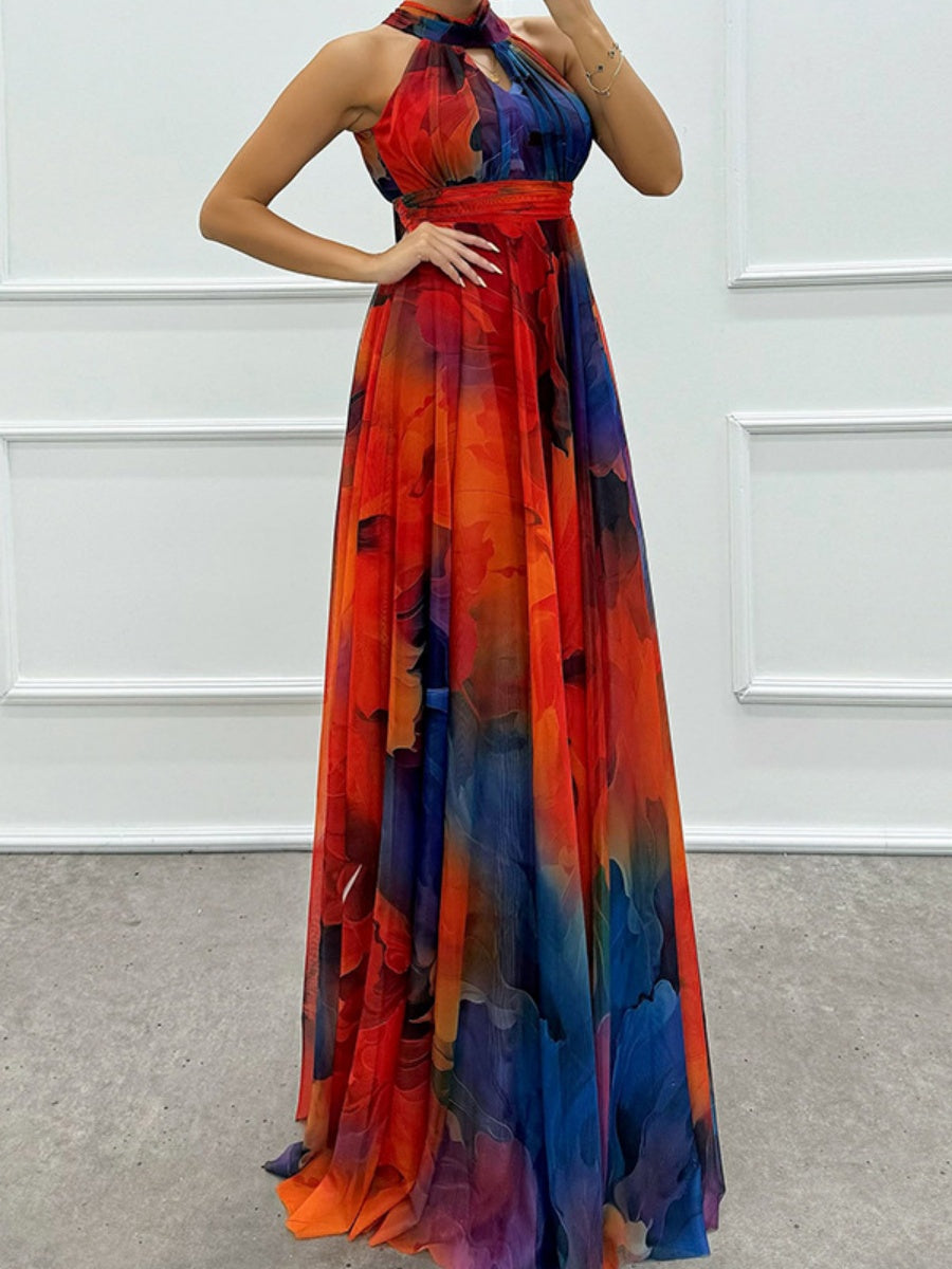 Mesh Printed Halter Formal Dress Maxi Dresses