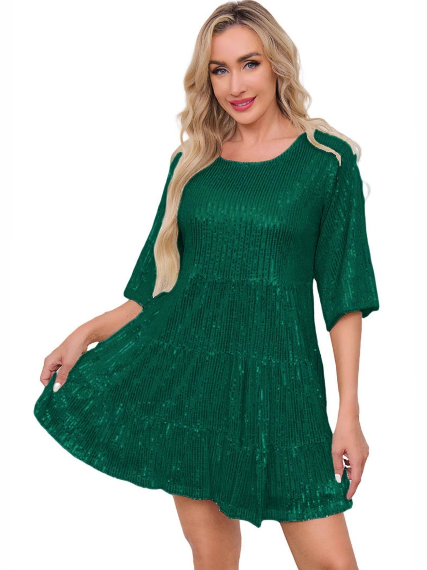 Sequins Pleated Multi-story Crew Neck Short Sleeve Mini&Short Dresses