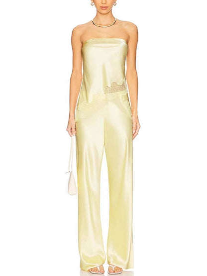 Solid Color Lace Stitching Strapless Top Wide-leg Pants 2-piece Sets