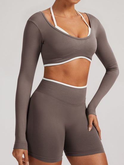 Seamless Faux Two-Piece Exercise And Fitness Yoga Long-sleeved Top