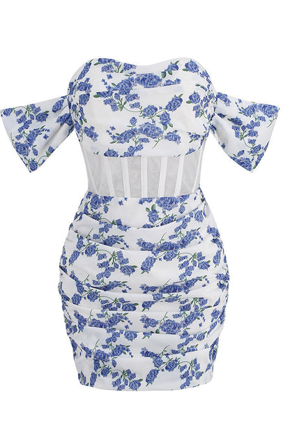 Floral Print Off Shoulder Corset Mesh Panel Ruched Bodycon Mini Dress