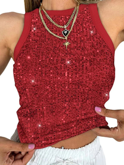 Sequined Leopard Print Color-blocked Crop Top Elastic Vest