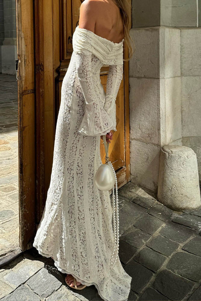 Off-the-Shoulder Lace Bell Sleeve Tie Front Bodycon Mermaid Maxi Dress