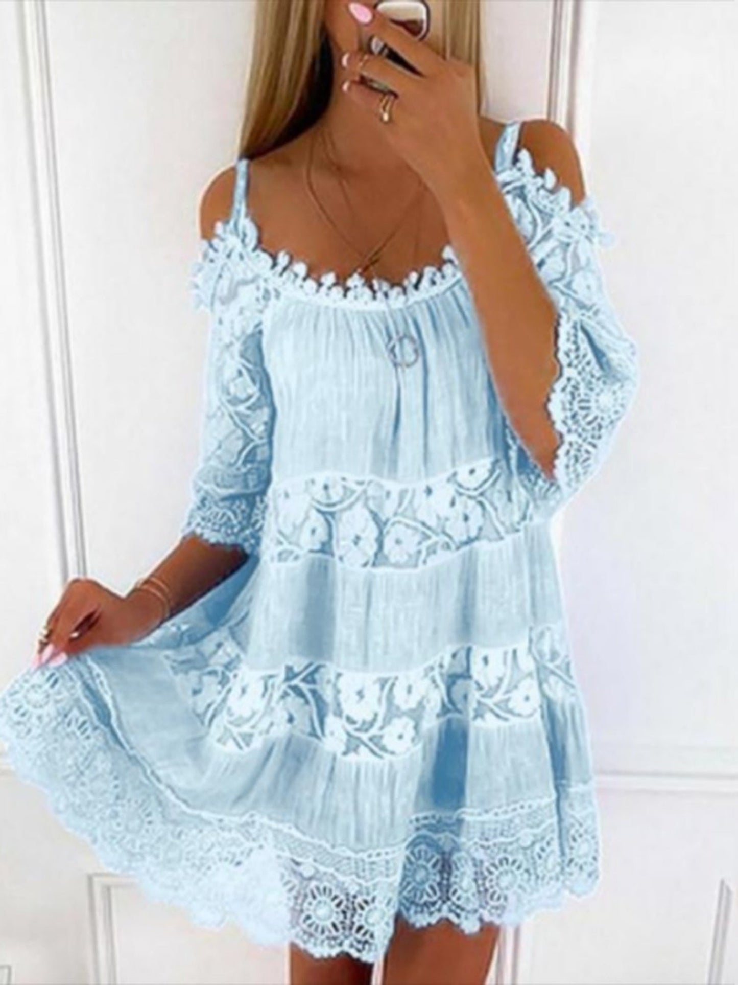 Lace Trim Hollow Out Splicing Spaghetti Strap Off-shoulder Mini&Short Dresses