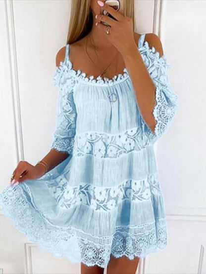 Lace Trim Hollow Out Splicing Spaghetti Strap Off-shoulder Mini&Short Dresses