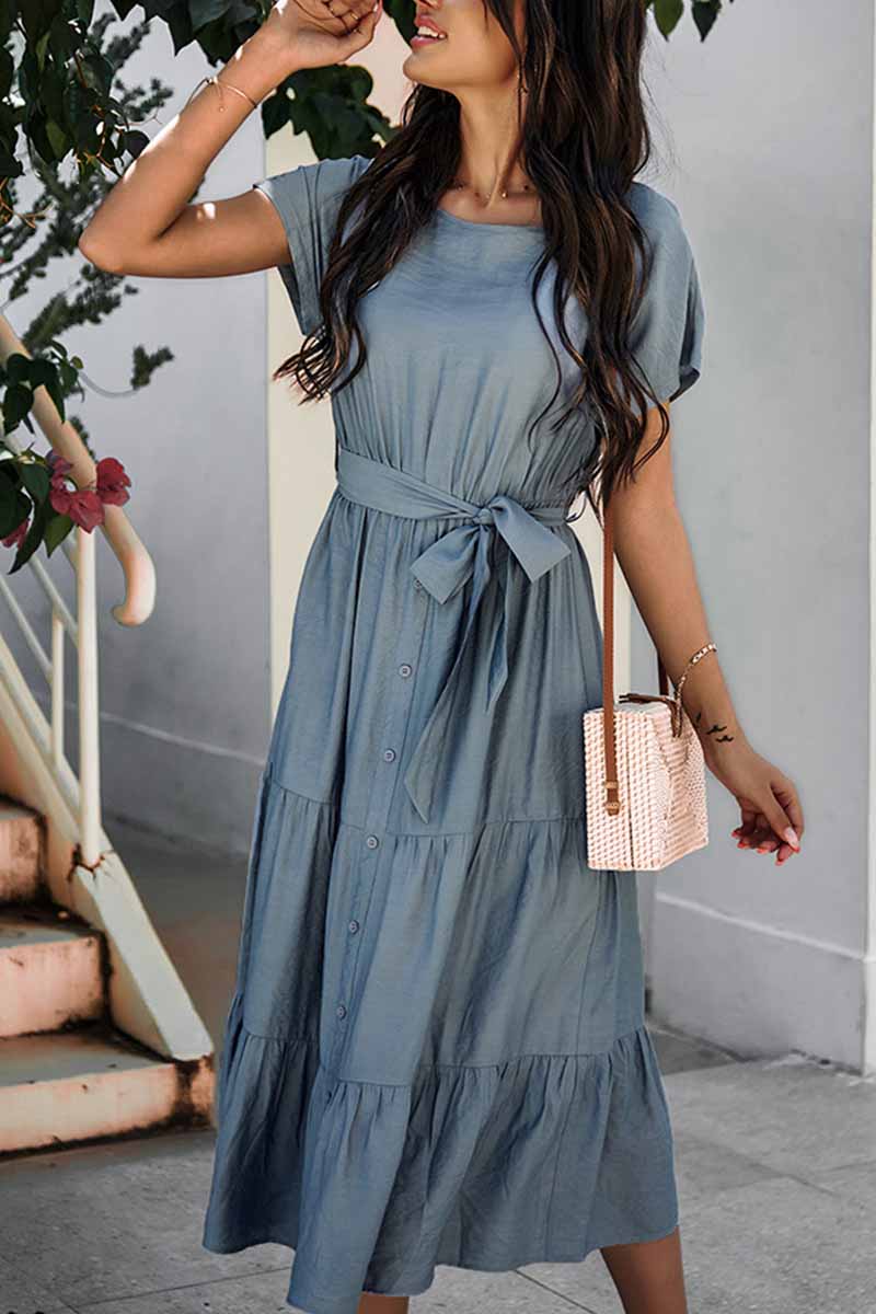 Button-Front Tie-Waist Tiered Short Sleeve Midi Shirt Dress