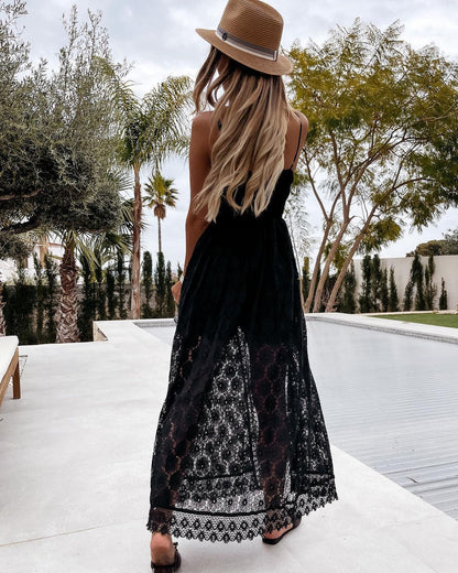 Floral Eyelet Lace Smocked Spaghetti Strap Scalloped Hem Maxi Dress