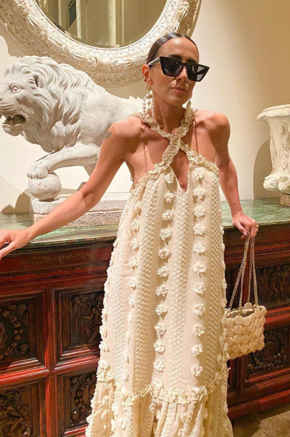 3D Floral Applique Halter Crisscross Tiered Maxi Dress