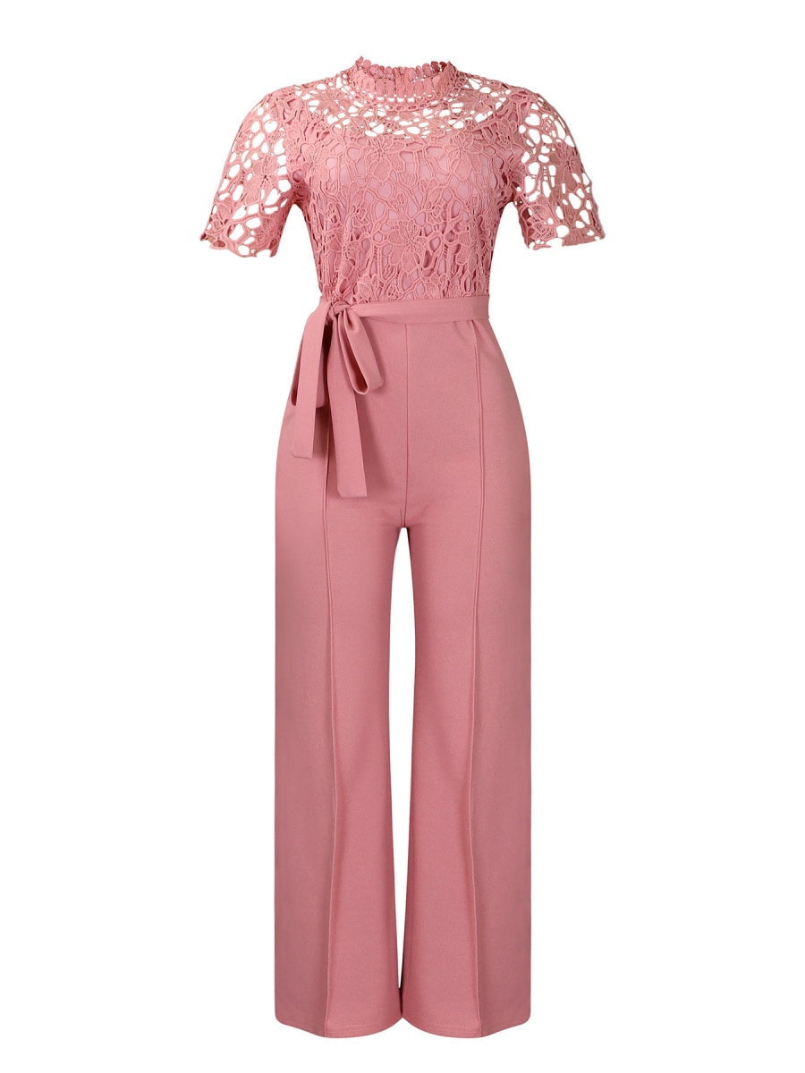 Lace Trim Hollow Short Sleeve Bandage High Waist Wide Leg Jumpsuits