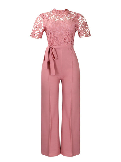 Lace Trim Hollow Short Sleeve Bandage High Waist Wide Leg Jumpsuits