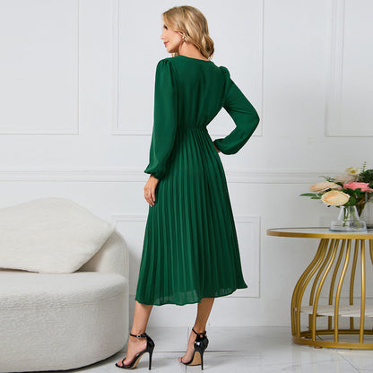 Wrap Surplice V-Neck Bishop Sleeve Sunray Pleated Belted Midi Dress