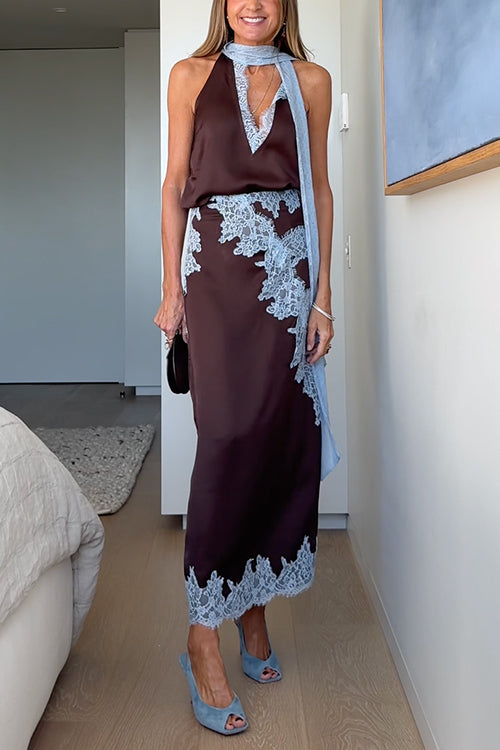 Chic Sleeveless V Neck Lace Trim Satin Top