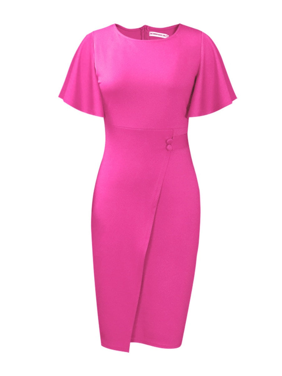 Commuting Lotus Leaf Sleeves Buttons Solid Color Mini&Short Dresses