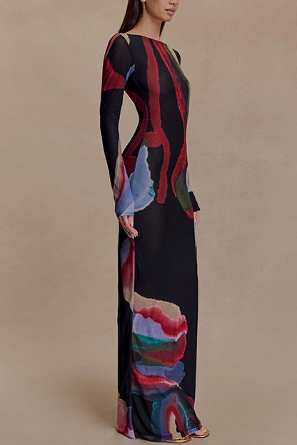 Boat Neck Long Sleeves Watercolor Print Maxi Dress