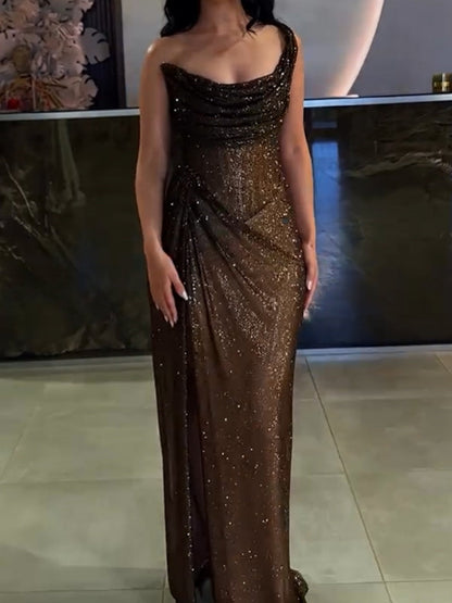 One Shoulder Gold And Silver Thread Fabric Slit Gathering Parties Maxi Dresses