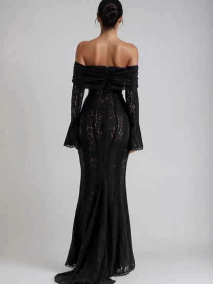 Lace Hollow Off Shoulder Flared Sleeves Hip-hugging Maxi Dresses
