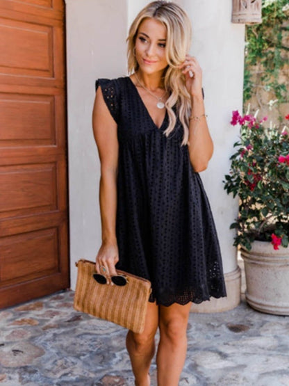 Lace Jacquard Openwork V-neck With Ruffles Solid Color Mini&Short Dresses