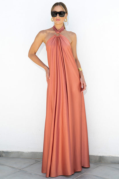 Halter Neck Metal Ring Gathered Pleat A-Line Maxi Dress