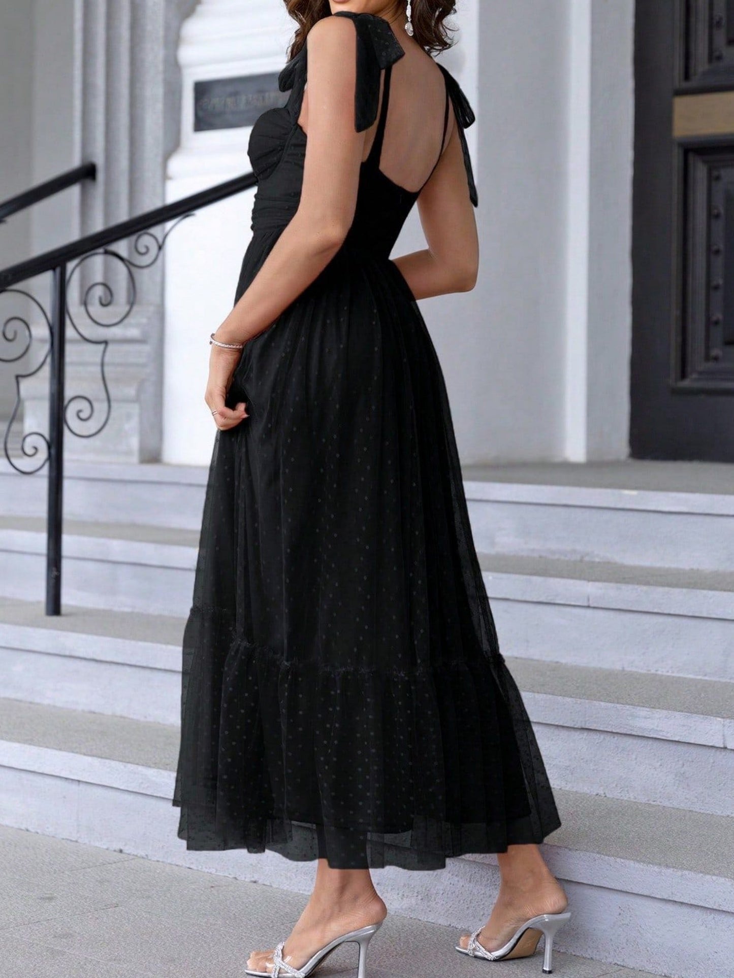 Polka Dots Strapless Shoulder Strap Mesh Splicing Sweet Maxi Dresses