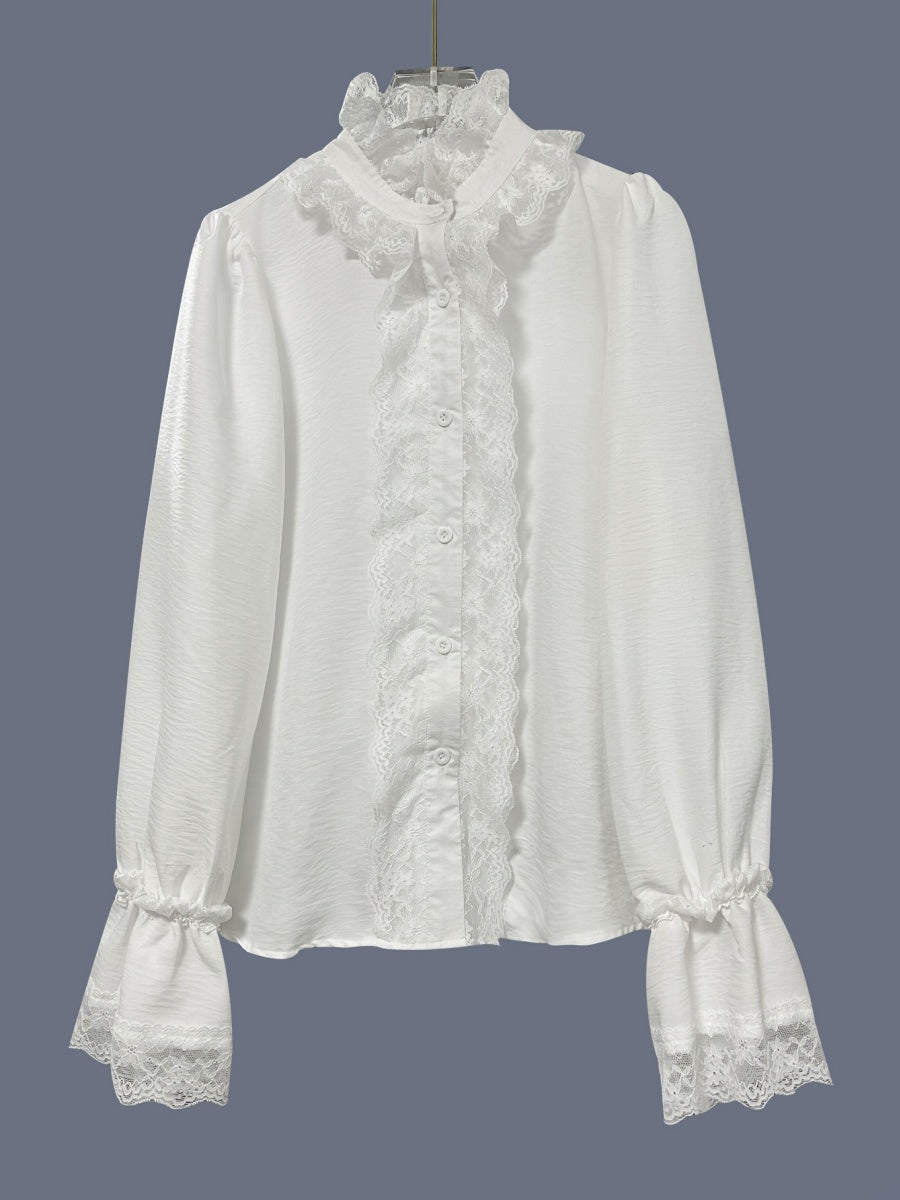 White Lace-trimmed Long-sleeved Shirt