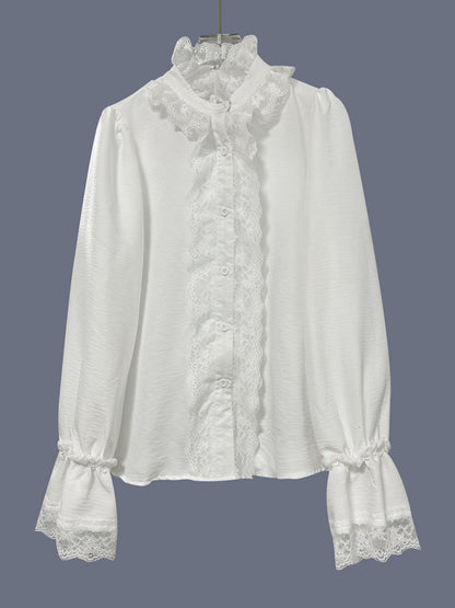 White Lace-trimmed Long-sleeved Shirt