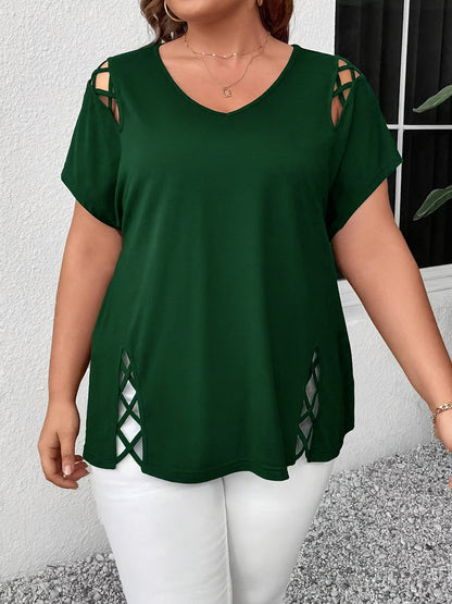Hollow Out V-neck Cross Belt Short-sleeved T-shirt