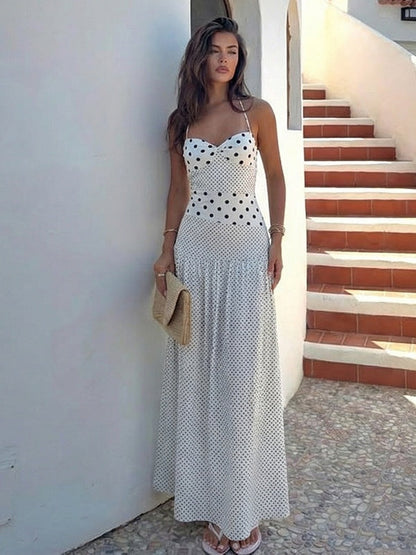Polka Dot Retro Pleated Long Dress With A Halter Neck