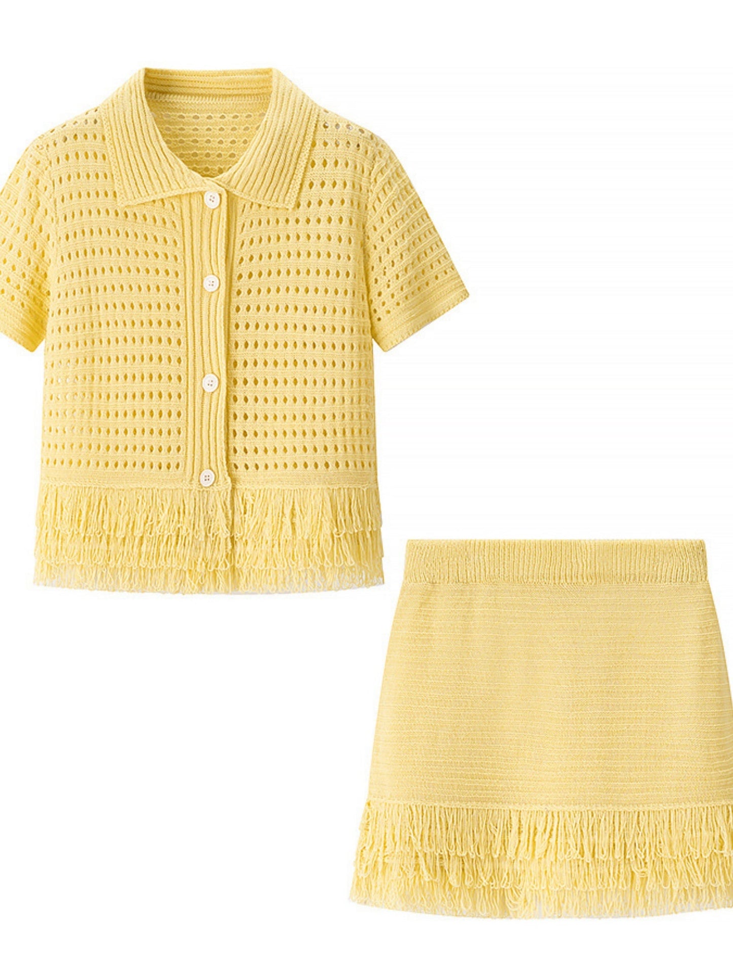 Tassel Knitting Short-sleeved Jacket High-waisted Mini Skirt 2-piece Sets