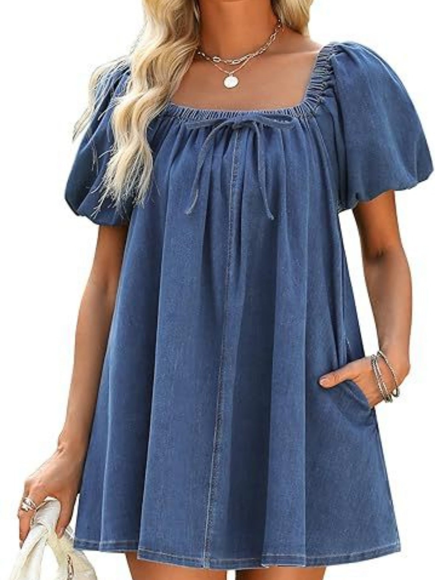 Denim Lace Up Square Neckline And Puff Sleeves Mini&Short Dresses