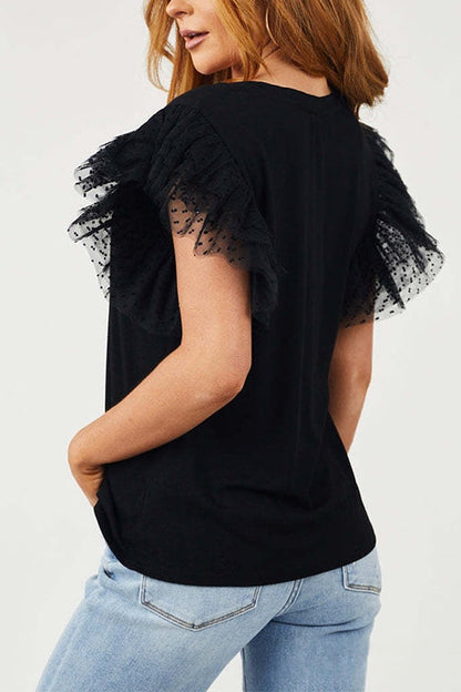 Margovil Round Neck Polka Dot Ruffle Short Sleeves Top