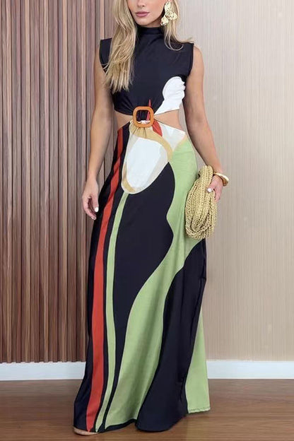 Margovil Mockneck Sleeveless Cut Out Waist Printed Maxi Dress