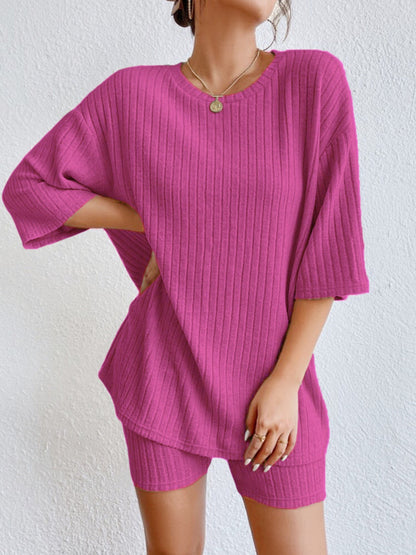 Piping Crew Neck Loose T-shirt And Shorts 2-piece Sets