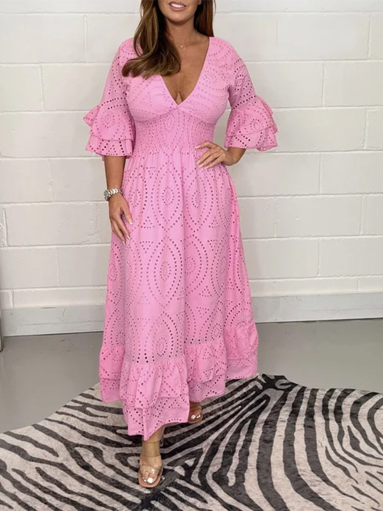 Broderie Anglaise Deep V-Neck Double Ruffle Sleeve Smocked Waist Tiered Midi Dress