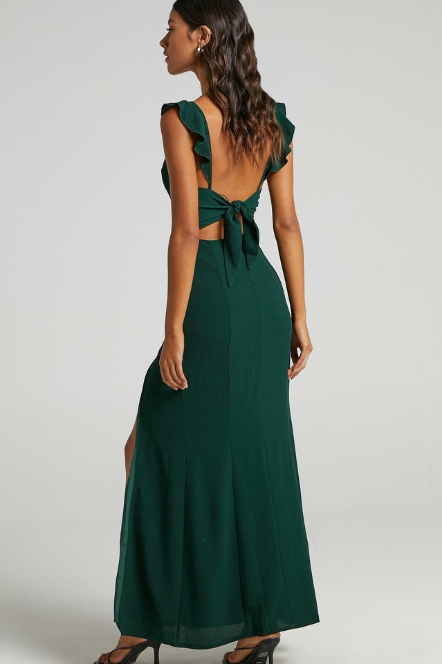 Deep V Neck Ruffle Strap Princess Seam High Slit Maxi Dress