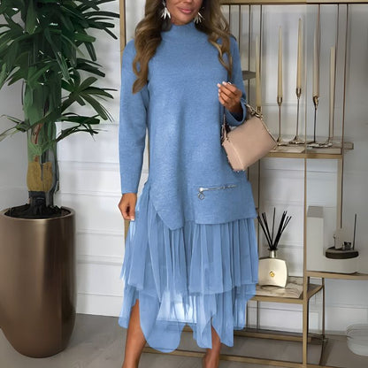 Mock Neck Zip Detail Knit Bodice Layered Pleated Tiered Midi Dress