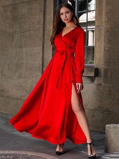 Bohemian Deep V Long Sleeve Slit Maxi Dress
