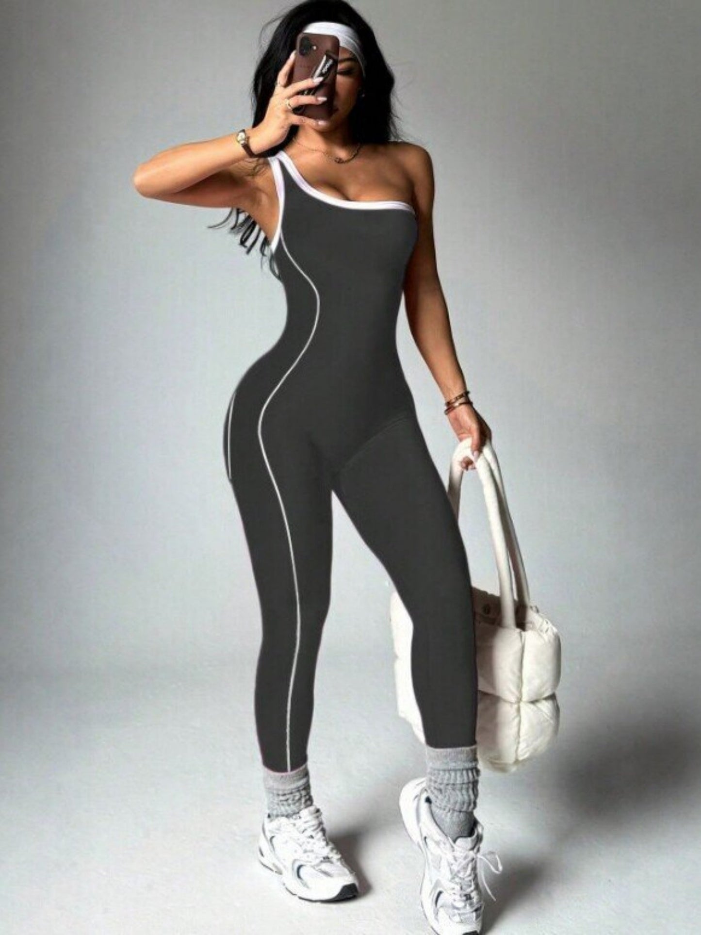 Color-blocked Stripes One Shoulder Exercise And Fitness Yoga Jumpsuits