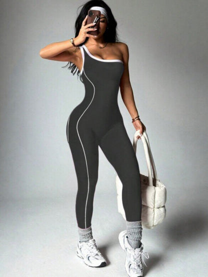 Color-blocked Stripes One Shoulder Exercise And Fitness Yoga Jumpsuits