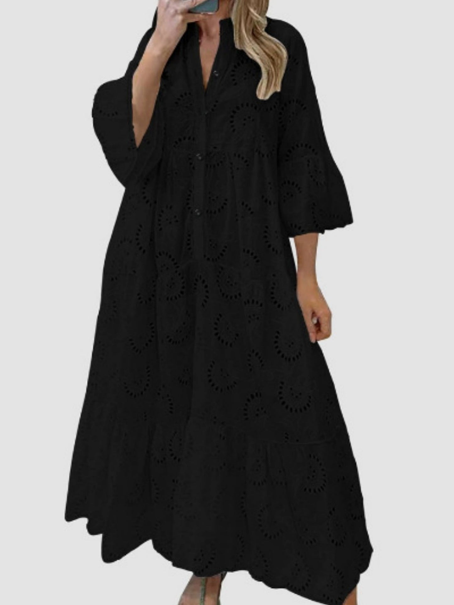 Lace Cutout V-neck Buttons  Flare Sleeve Maxi Dresses