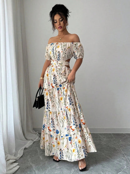 Floral Print Backless And Off-shoulder Long Dress