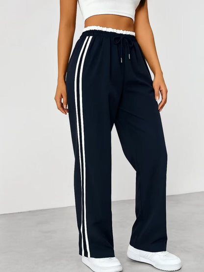 Drawstring High-waisted Wide-leg Pants Loose-fit Drape Sports Pants