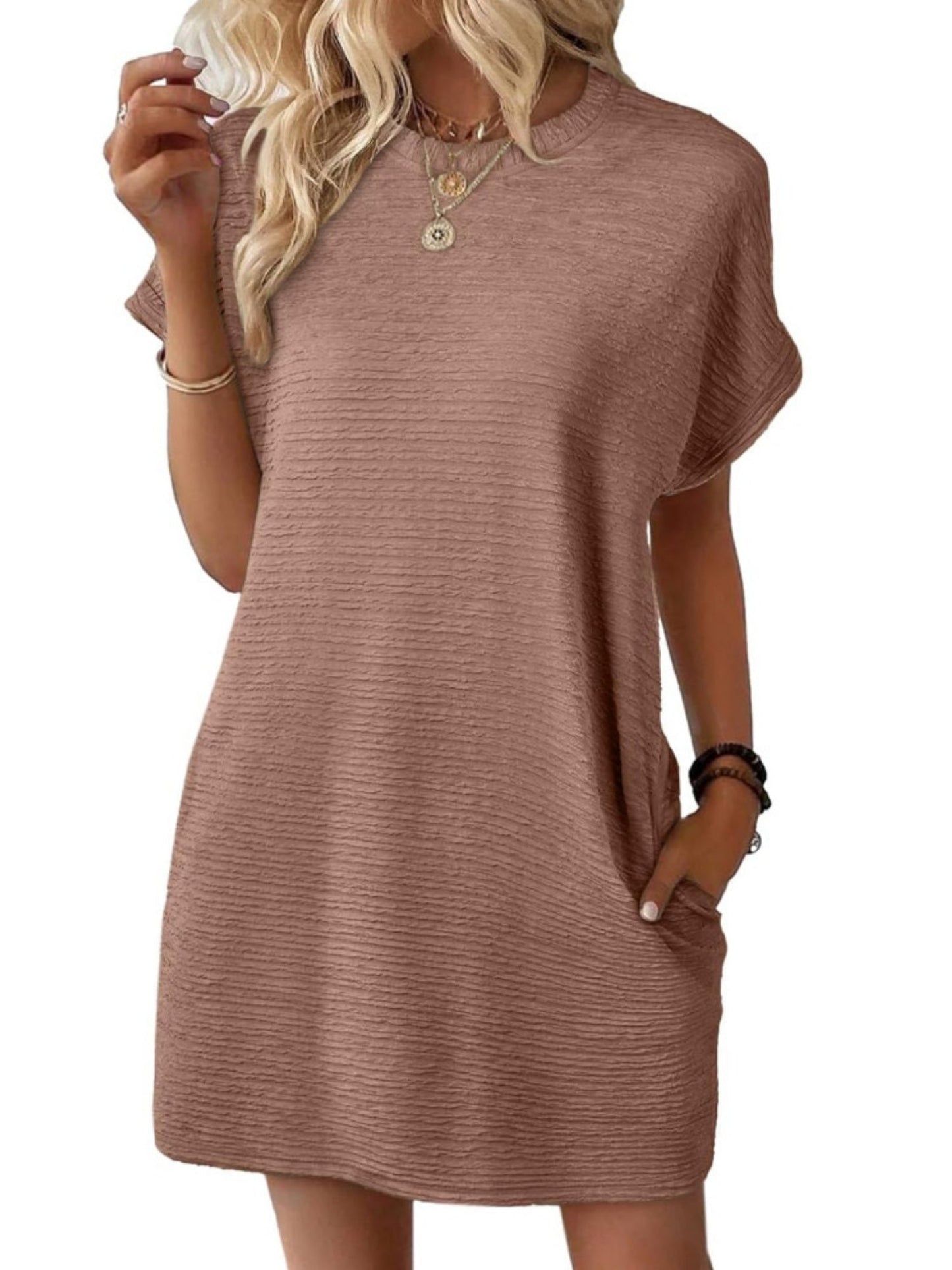 Pocket Crew Neck Short Sleeve Loose-fit Mini&Short Dresses